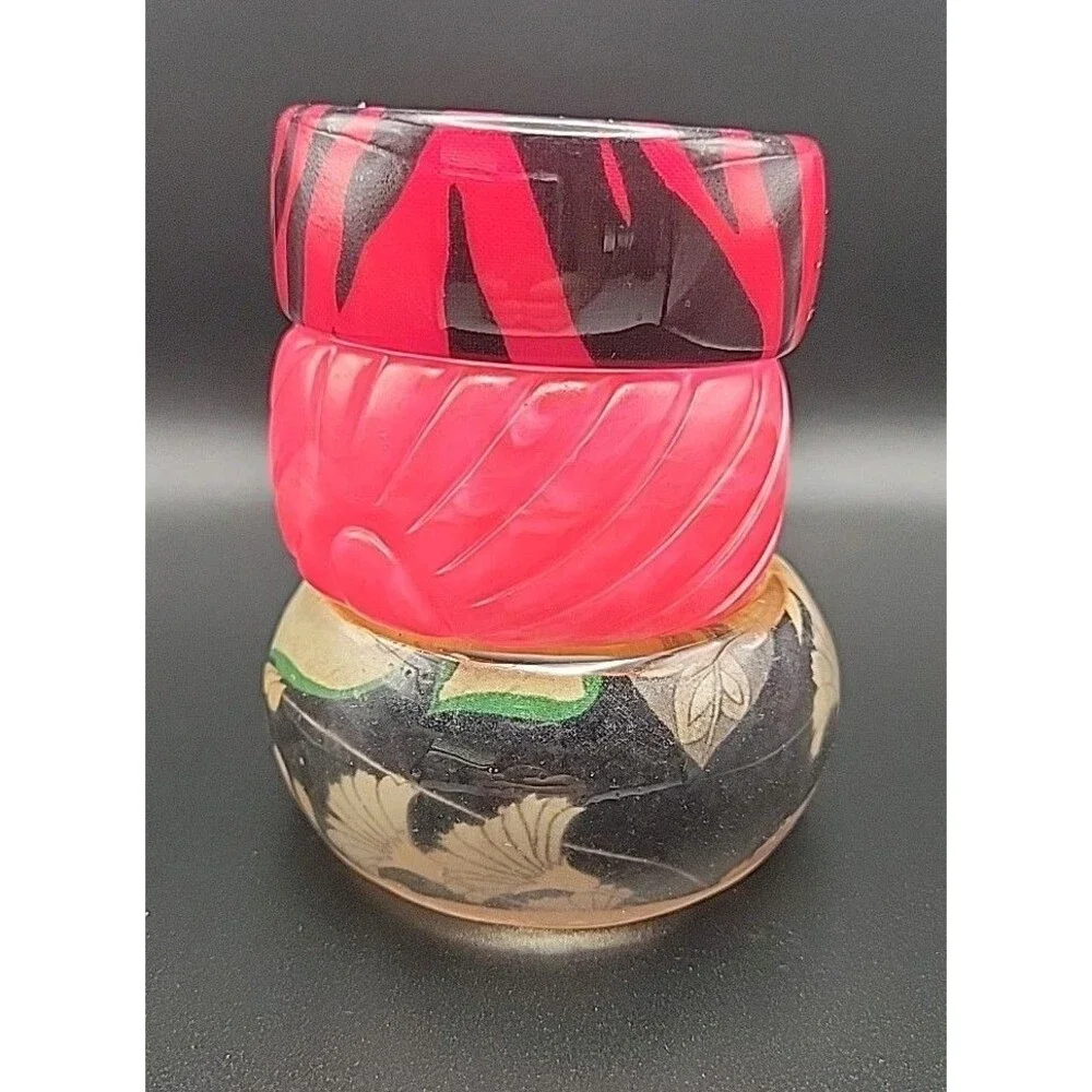 Vintage Chunky Bangle Bracelet Lot 3 Pink Tiger Lucite Carved Resin Wood Leaf